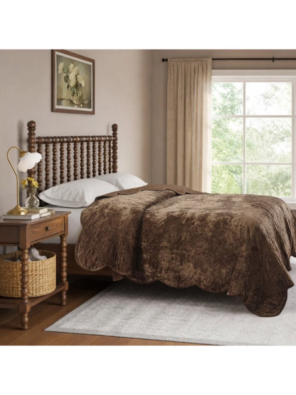 The Pioneer Woman Home Rich Brown Cottage Eloise Floral 100% Poly Velvet Quilt - Picture 2 of 9